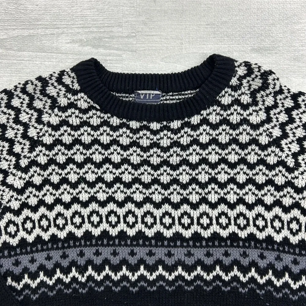 Vintage 80s VIP Geometric Sweater‎ Size Medium Black White Grandpa Pullover